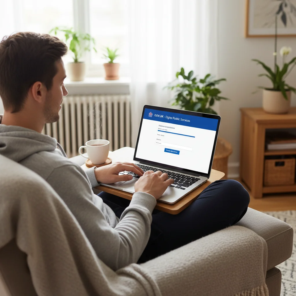 Persona utilizando un portátil para acceder a servicios online de la administración pública desde casa.