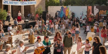 Gente diversa disfrutando de eventos culturales en una plaza española, simbolizando el acceso universal a la cultura.