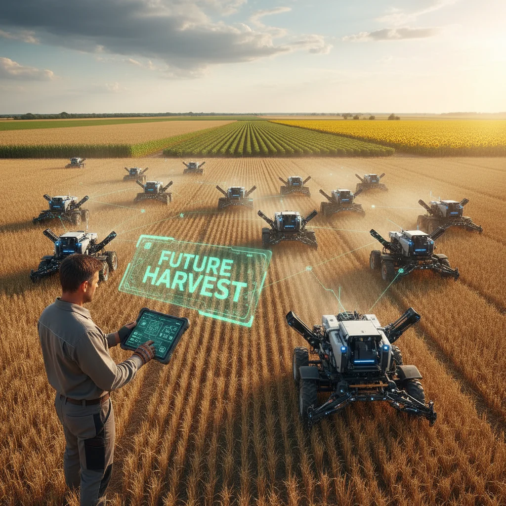 Agricultor controlando robots agrícolas con una tablet