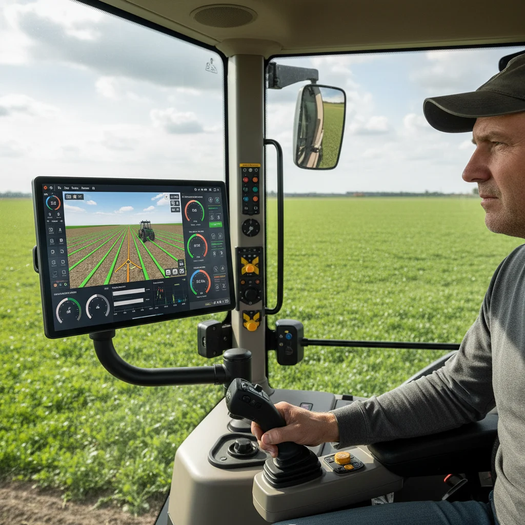 Agricultor español manejando tablet con datos de agricultura de precisión en tractor moderno.