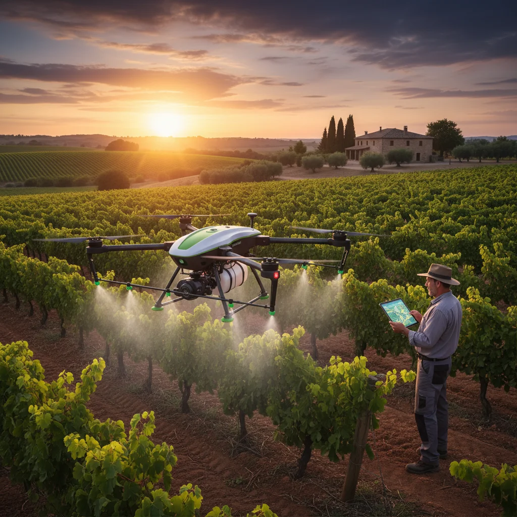 Dron agrícola español sobre un viñedo, aplicando soluciones sostenibles y un agricultor monitorizando datos, representando la agricultura de precisión.