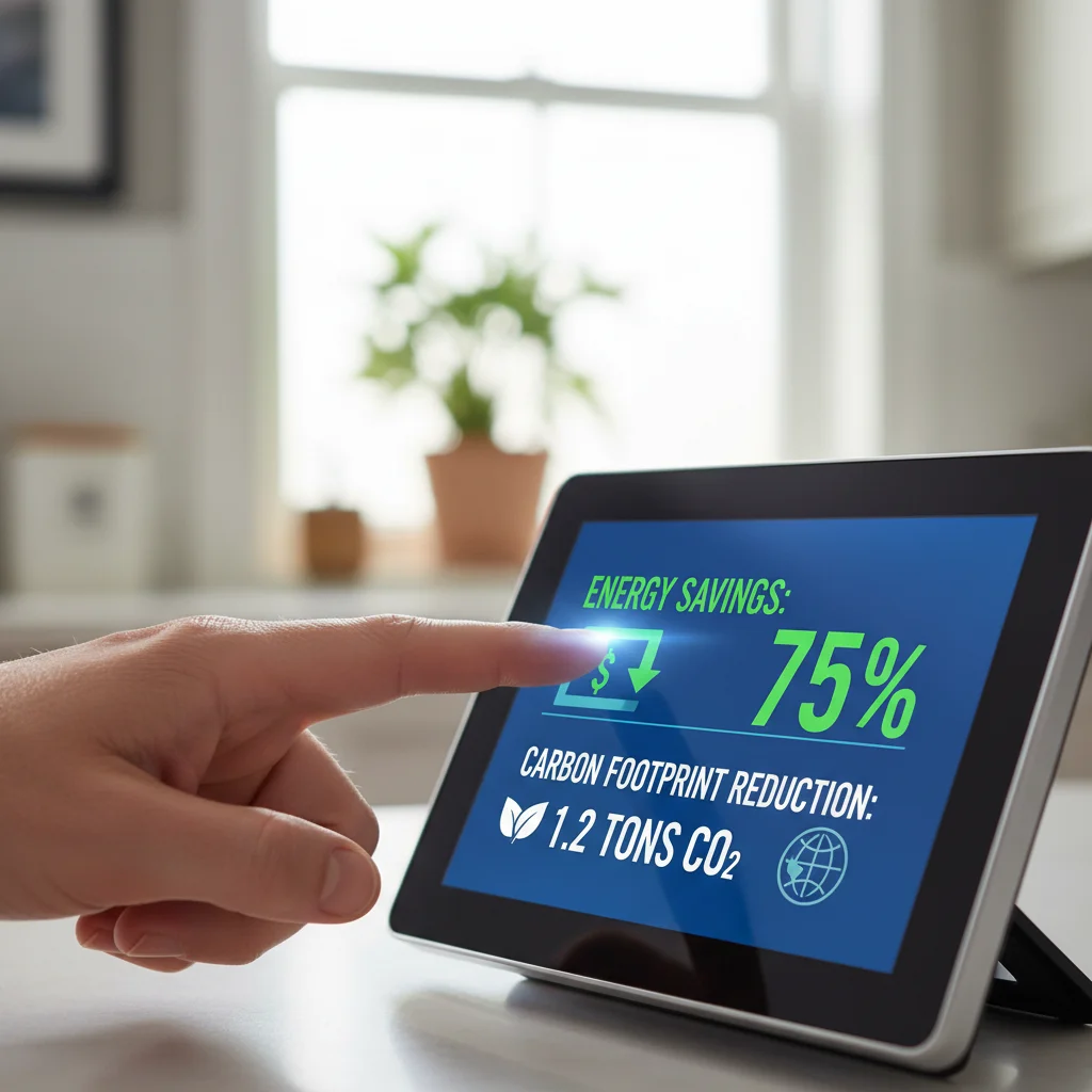 Pantalla digital mostrando ahorro energético y reducción de huella de carbono gracias a la energía solar.