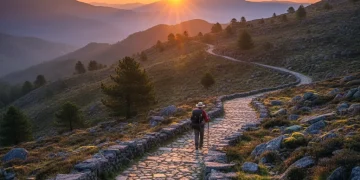 Amanecer sobre una nueva ruta del Camino de Santiago, con un peregrino iniciando su jornada.
