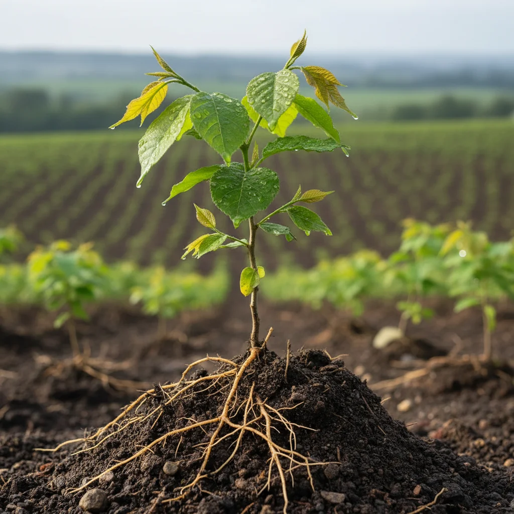 Detalle de un joven árbol plantado en un terreno reforestado, con hojas verdes y suelo fértil, simbolizando el crecimiento y la vida nueva en los proyectos de reforestación en España.