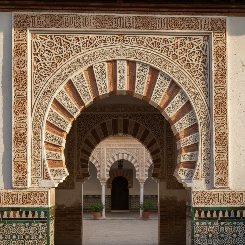 Detalle de un arco mudéjar con intrincados patrones geométricos en ladrillo.