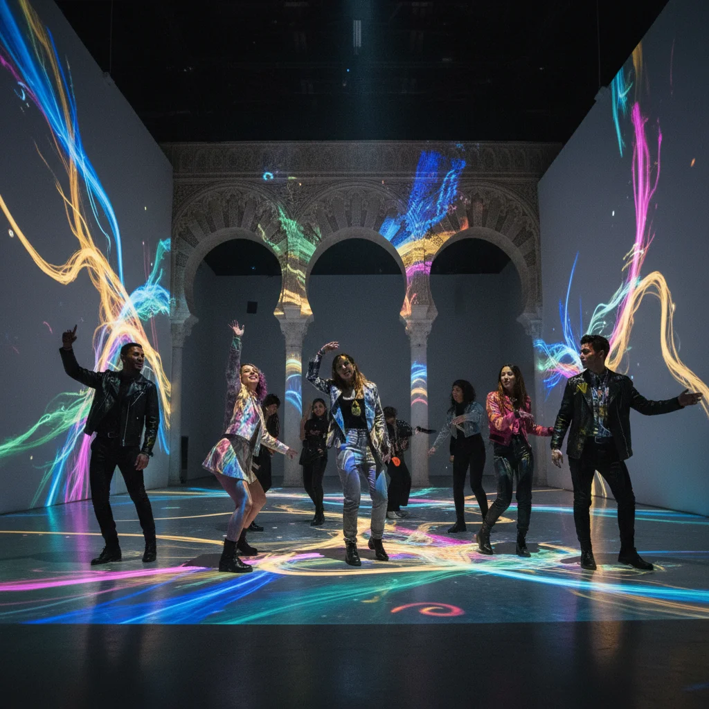 Jóvenes interactuando con una instalación de arte digital inmersiva en un festival