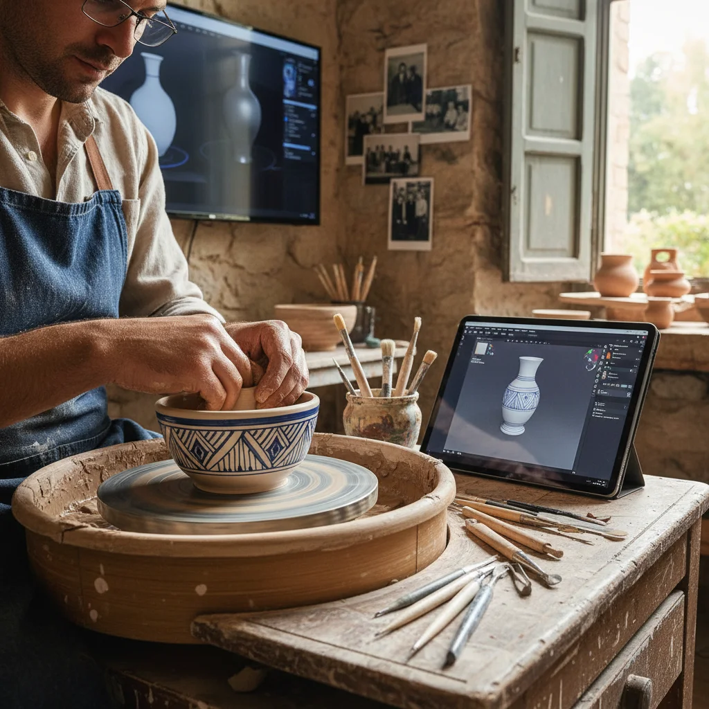 Artesano español usando herramientas digitales junto a las tradicionales para crear cerámica, uniendo arte y tecnología.
