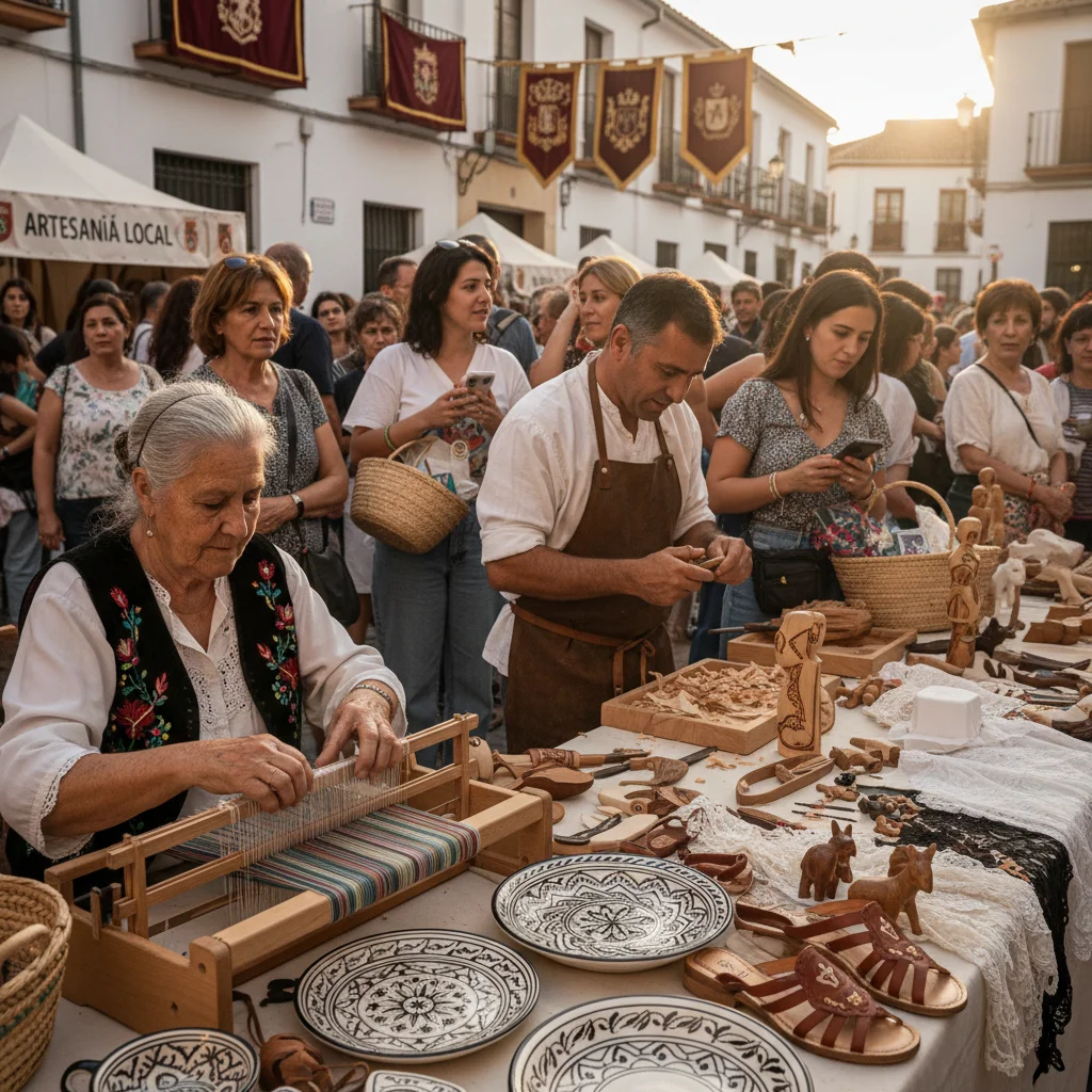Artesanos mostrando oficios tradicionales durante una festividad española, con productos hechos a mano.