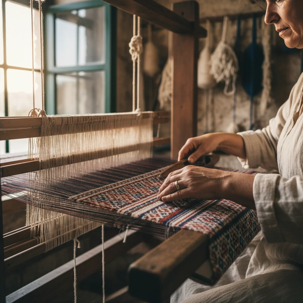 Manos de artesano tejiendo en telar tradicional español, elaborando textil complejo.