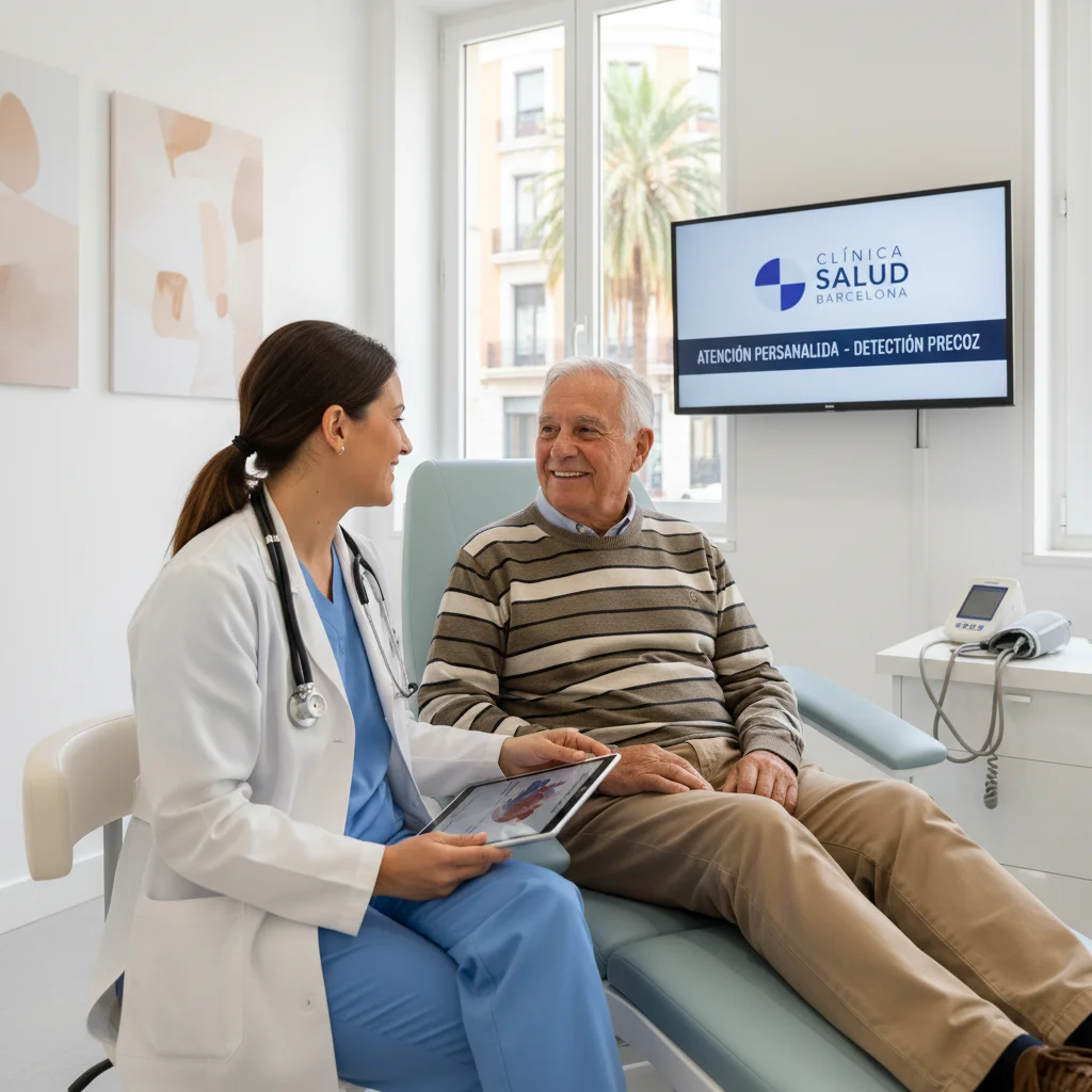 Profesional médico conversando con un paciente mayor, destacando la atención personalizada y la detección temprana en la salud pública española.
