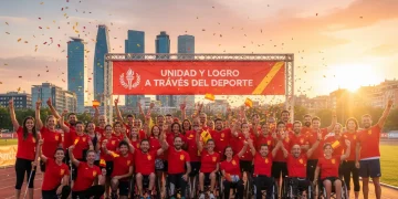 Atletas diversos celebrando el éxito en una pista, simbolizando el deporte como motor de cambio en España.