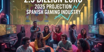 Jugadores diversos inmersos en videojuegos con gráficos de crecimiento económico, representando el auge del sector en España.