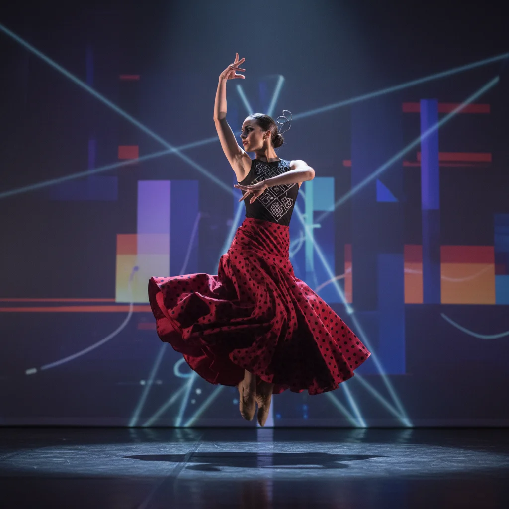 Bailarina de una compañía innovadora ejecutando un paso de danza española con vestuario moderno y proyecciones artísticas de fondo.