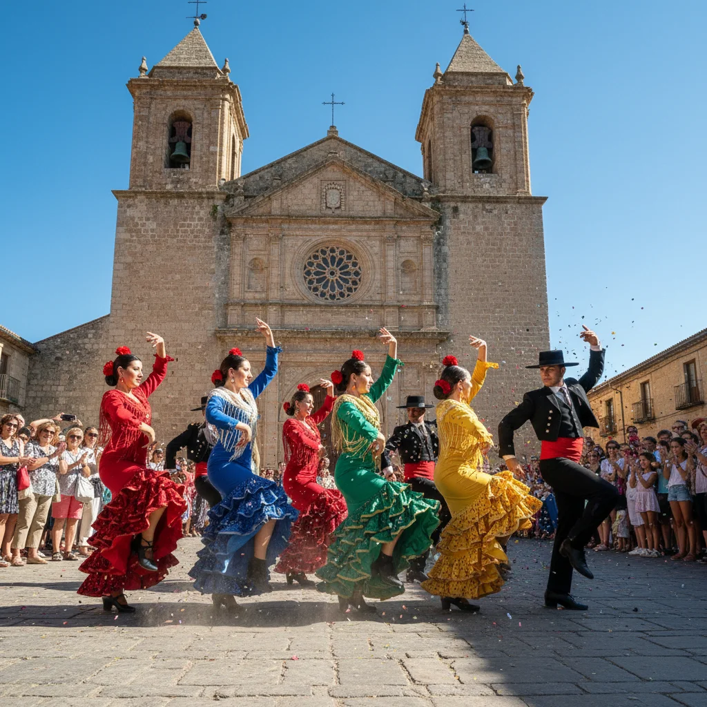 Bailarines tradicionales españoles con trajes coloridos realizando una danza folclórica en un entorno histórico.