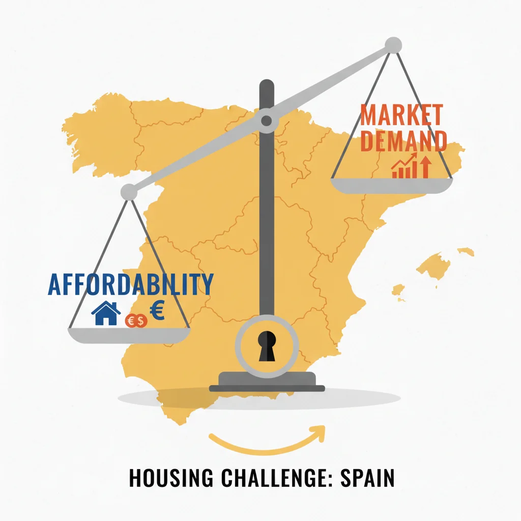 Balanza con 'Asequibilidad' y 'Demanda del Mercado', representando el equilibrio en el sector de la vivienda.