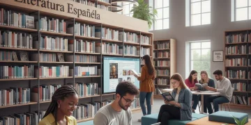 Imagen de una biblioteca moderna con libros de literatura española y jóvenes lectores, simbolizando la revitalización de géneros clásicos en 2026.