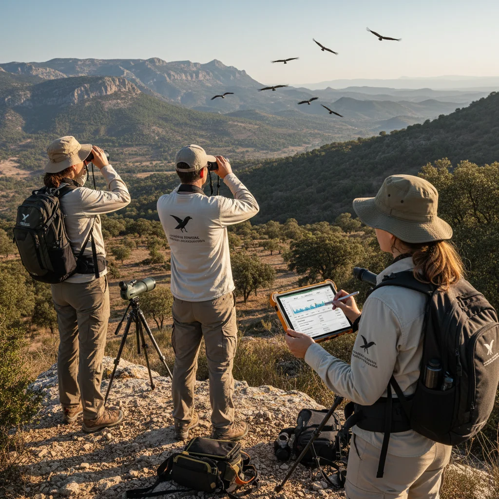 Científicos monitoreando aves en peligro en un parque natural español, reflejando esfuerzos de conservación.