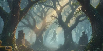 Bosque antiguo y místico al anochecer, con figuras etéreas, representando el folclore español.