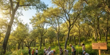 Bosque reforestado en España con diversas especies nativas, simbolizando el éxito del programa de reforestación sostenible y la plantación de 10 millones de árboles.