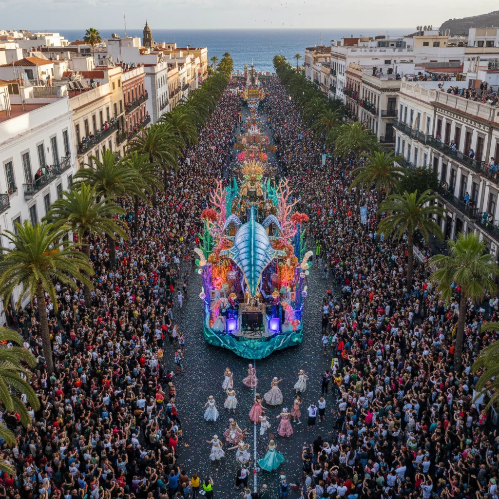 Gran cabalgata del Carnaval de Santa Cruz de Tenerife con carrozas y bailarines espectaculares.