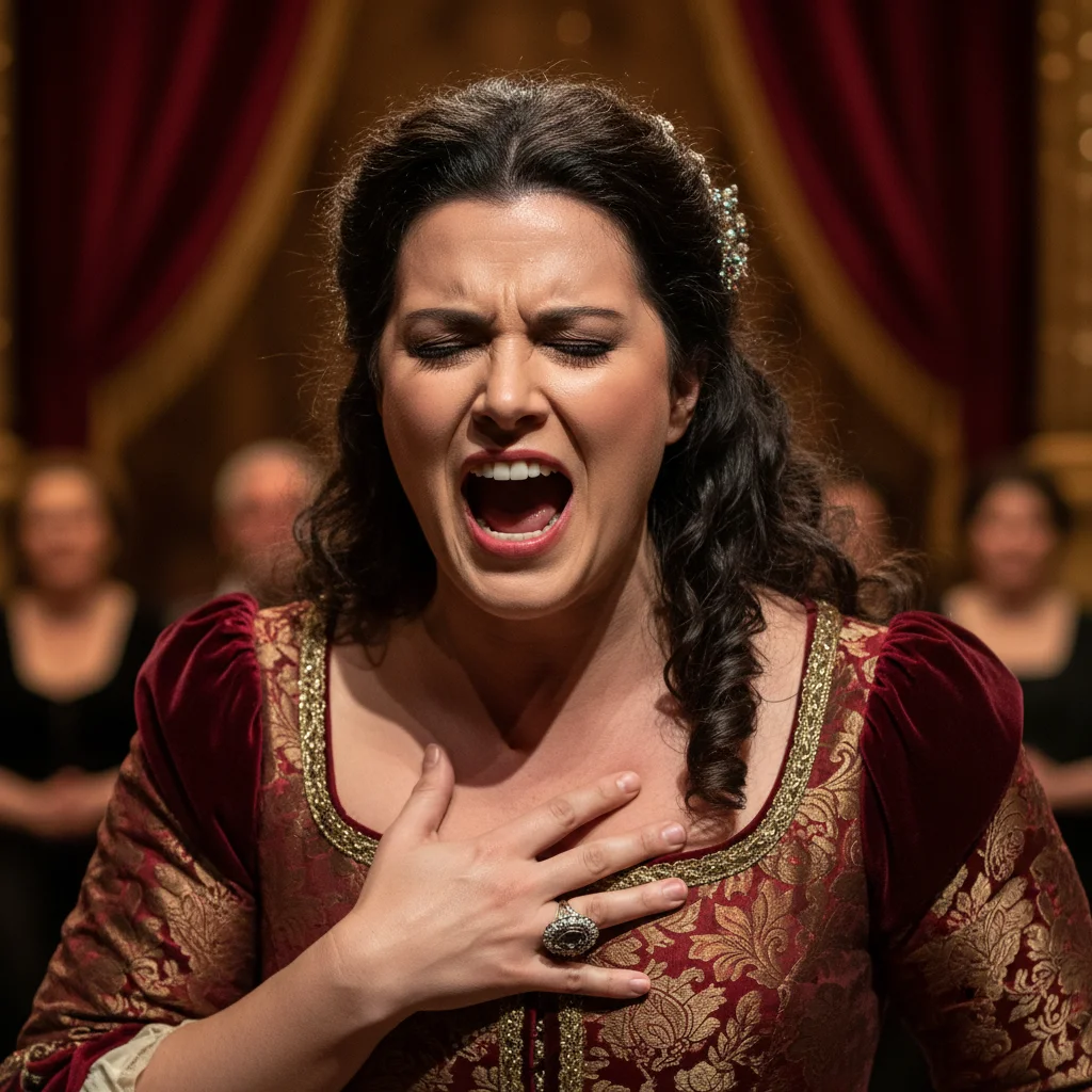 Primer plano de una cantante de ópera en plena actuación, transmitiendo emoción y pasión a través de su voz y expresión.