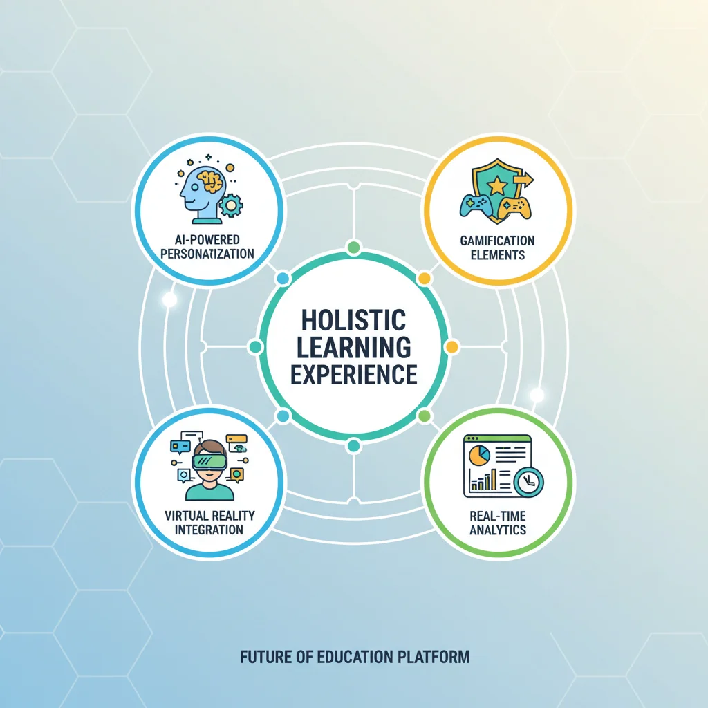 Infografía detallando las características innovadoras de una plataforma educativa: personalización, gamificación y realidad virtual.