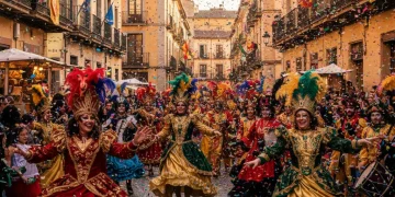 Gente disfrazada celebrando el Carnaval en una calle española con confeti y alegría.