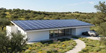 Casa moderna con paneles solares en España bajo el sol, símbolo de energía limpia y autoconsumo.
