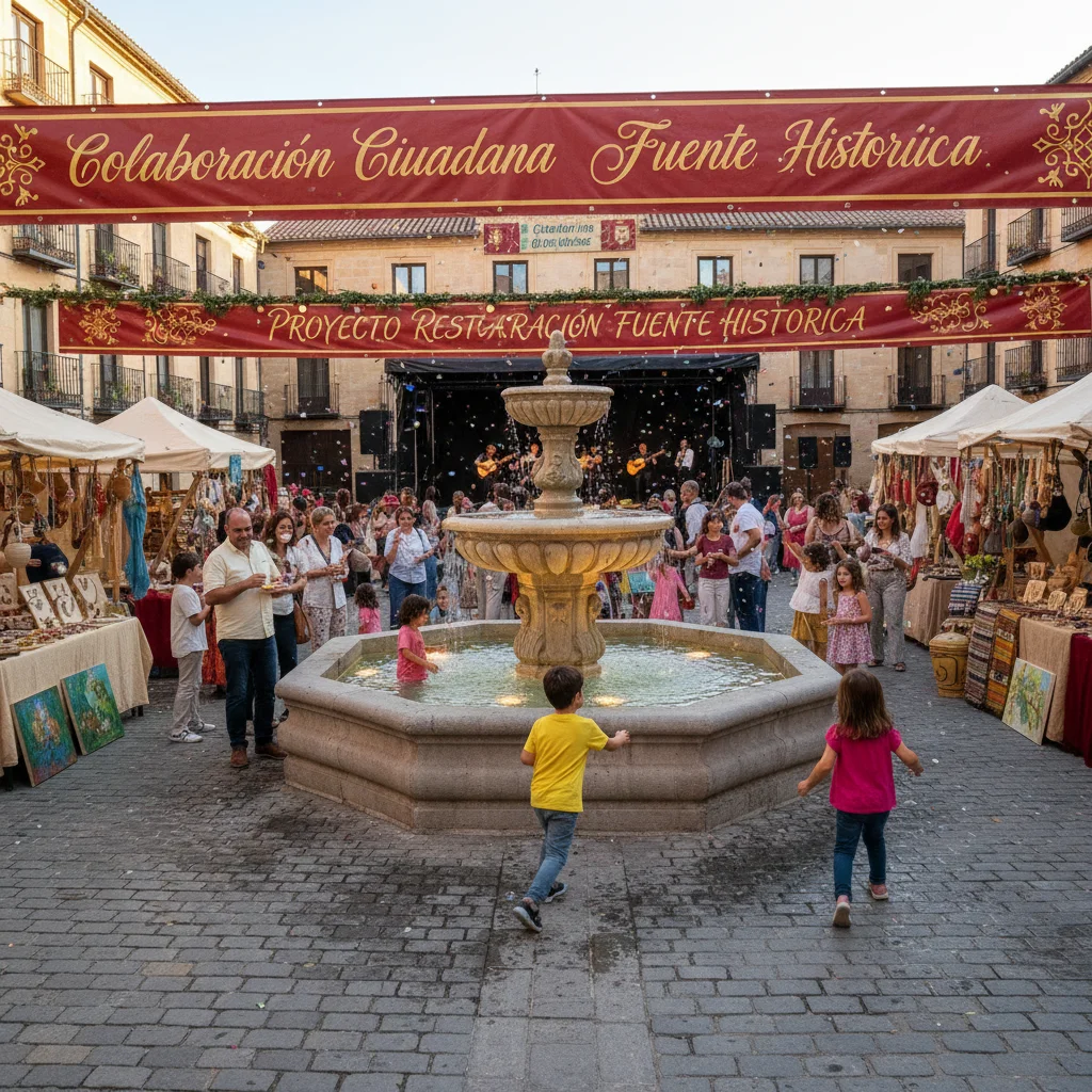 Evento comunitario en una plaza española alrededor de una fuente histórica restaurada, con gente celebrando la recuperación del patrimonio gracias a la colaboración ciudadana.