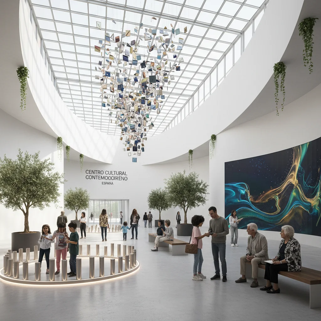 Interior de un centro cultural español recién inaugurado con instalaciones de arte contemporáneo y visitantes.