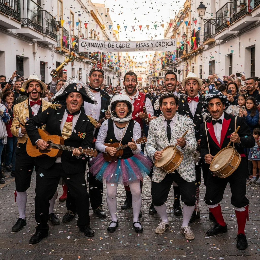 Chirigotas del Carnaval de Cádiz actuando con disfraces y mucha gracia en la calle.