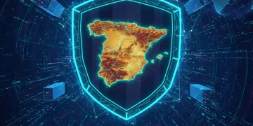 Mapa digital de España con escudo de ciberseguridad, representando la protección de datos nacional.
