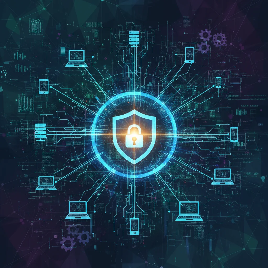 Red compleja de dispositivos interconectados con un escudo brillante, simbolizando medidas de ciberseguridad robustas y protección de datos.