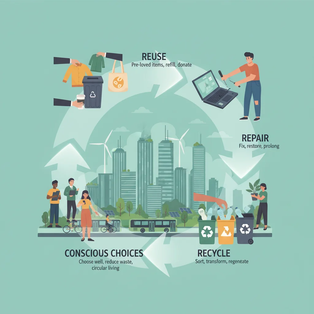 Ilustración de un ciclo de vida de productos en economía circular con énfasis en consumo responsable
