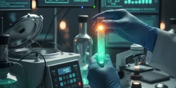 Científico en laboratorio manipulando un tubo de ensayo, simbolizando la innovación y el desarrollo de nuevas patentes farmacéuticas en España.