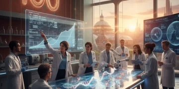 Científicos celebrando un logro significativo en un laboratorio moderno, simbolizando 100 publicaciones de alto impacto de la ciencia española.