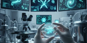 Científicos trabajando en un laboratorio de biomedicina en España, con muestras y tecnología avanzada.