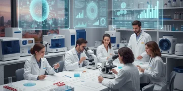 Científicos españoles colaborando en un laboratorio, simbolizando los avances en la investigación del cáncer.