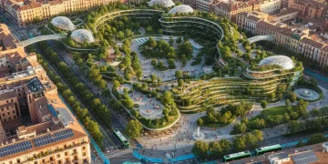 Vista aérea de una ciudad española sostenible con tejados verdes y transporte ecológico.
