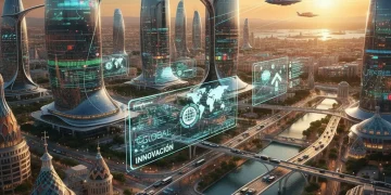 Paisaje urbano español moderno con gráficos de datos tecnológicos, simbolizando el éxito en exportaciones.