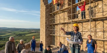 Grupo de ciudadanos españoles restaurando un monumento histórico, un castillo medieval en peligro de derrumbe, con andamios y herramientas de limpieza, simbolizando la colaboración ciudadana en acción.