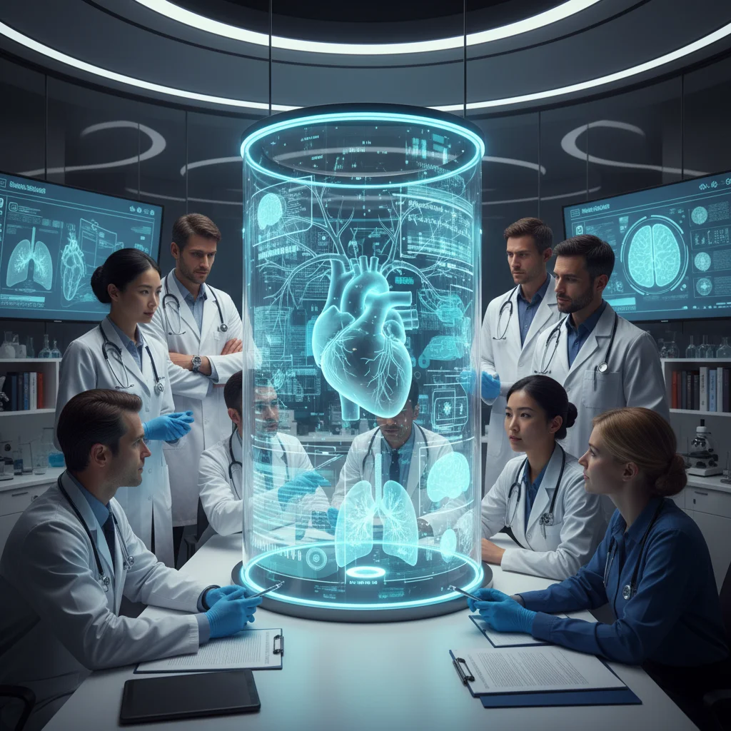 Equipo médico y científico colaborando en la interpretación de datos para nuevas terapias.