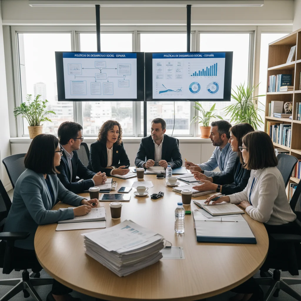 Profesionales y funcionarios discutiendo políticas de desarrollo social y estrategias de implementación en España.