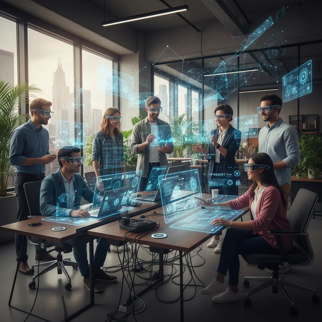 Profesionales diversos colaborando en una oficina moderna, utilizando tecnología de realidad aumentada y pantallas táctiles, ilustrando la integración de la IA en el trabajo.