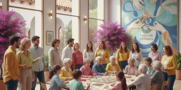 Grupo diverso de personas sonriendo en un centro comunitario, simbolizando el impacto positivo de las fundaciones españolas.