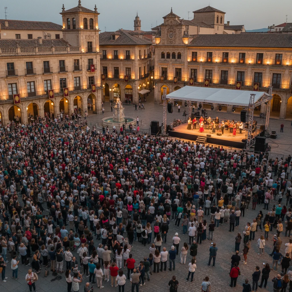 Multitud disfrutando de un concierto en una plaza histórica española al atardecer