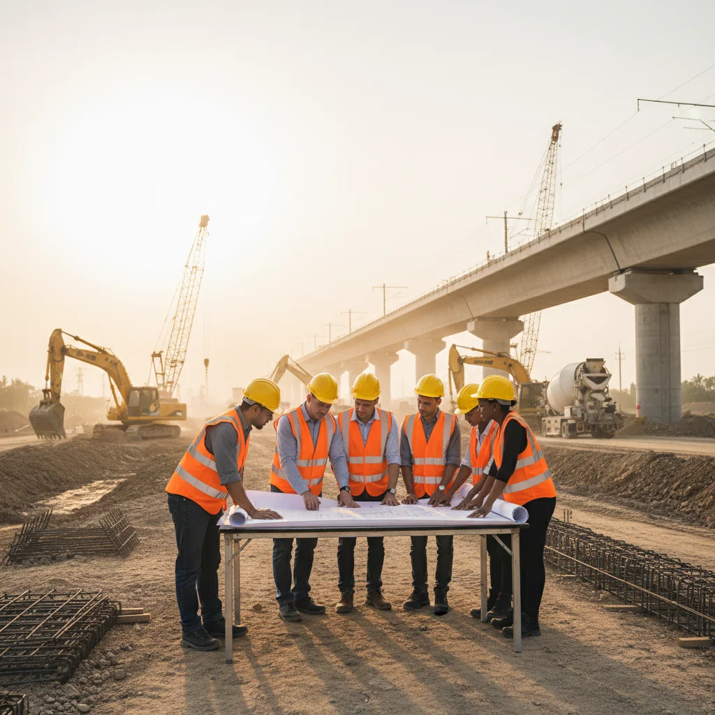 Ingenieros y trabajadores en una obra de construcción de vía de alta velocidad, simbolizando el esfuerzo y la complejidad del proyecto.