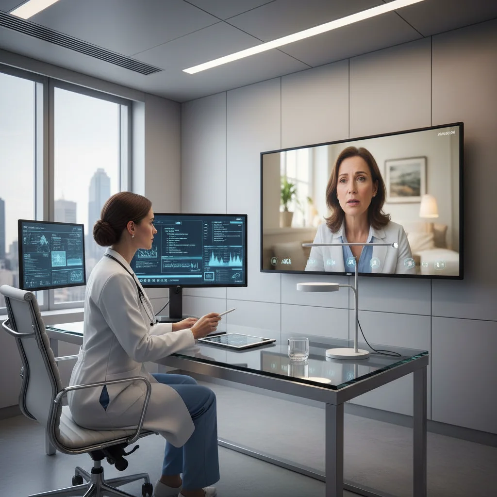 Médico realizando una consulta virtual con un paciente a través de telemedicina.