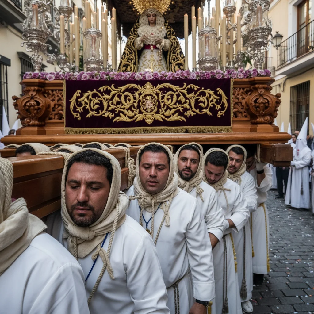 Grupo de costaleros llevando un pesado paso de Semana Santa, mostrando el esfuerzo y la devoción en sus rostros.