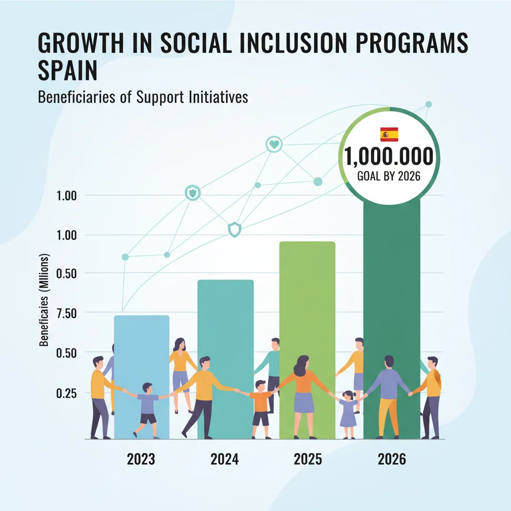 Gráfico que ilustra el aumento de beneficiarios en programas de inclusión social en España, proyectando el millón para 2026.